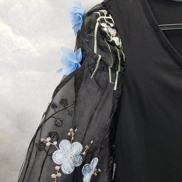 Boston Proper Blouse Sz L 3-D Floral Embellished Organza Sheer Puff Sleeve Black - Picture 5 of 16